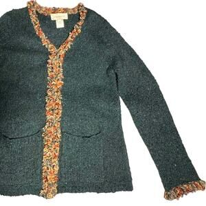 Vintage Susan Bristol Medium Green Yarn Trim Cabincore Cottage Cardigan Sweater